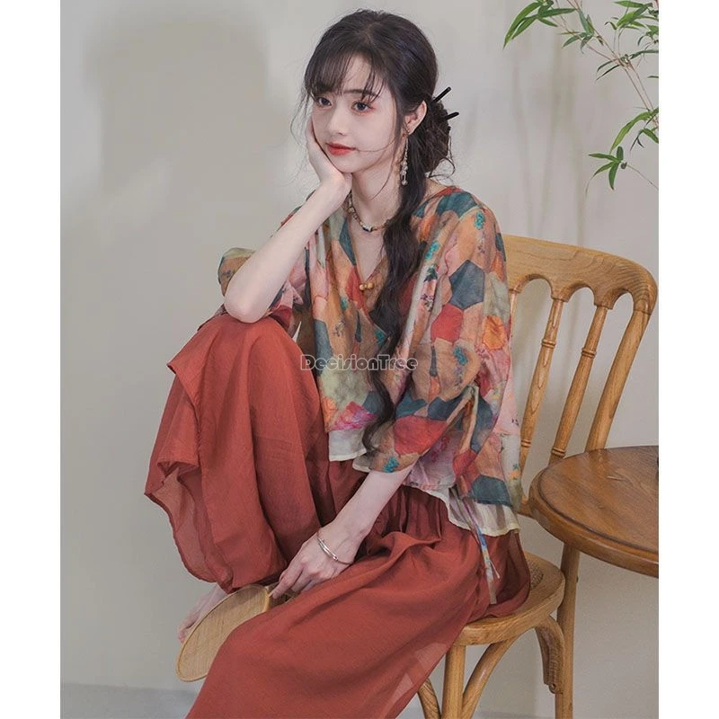 summer new chinese retro casual two-piece set printing half sleeve loose top women elastic waist long pants suit