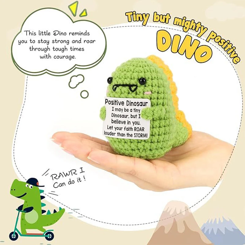Cute Positive Energy Crochet Dinosaur Wool Knitting Doll with Card Handmade Knitted Ornament Room Decor Birthday Christmas Gifts