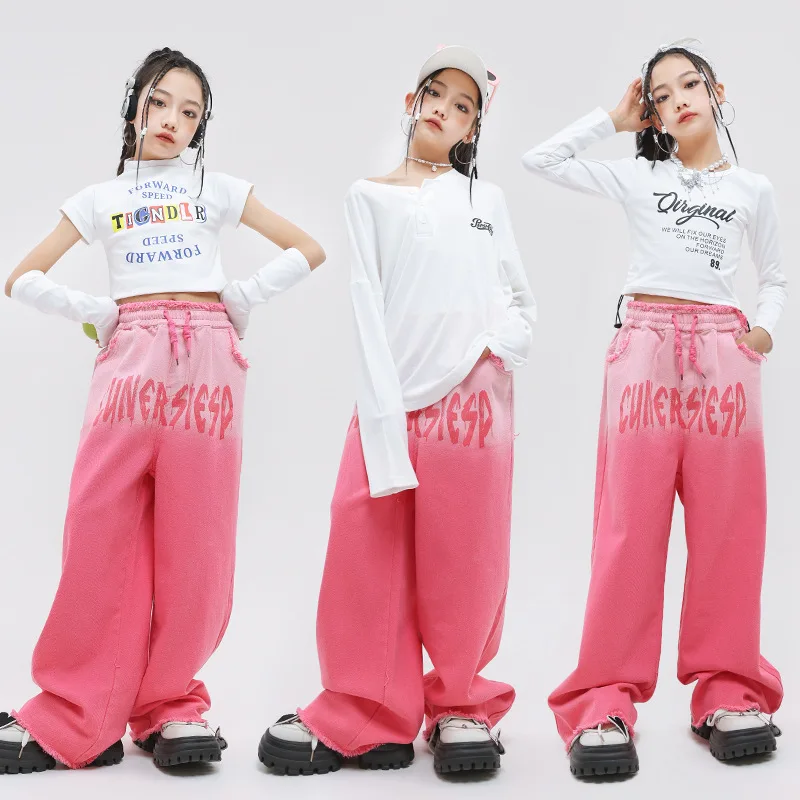 

Girls Hip Hop Jazz Clothes Sets Letter Print White Shirt Top + Loose Gradient Pants Kids Performance Suit Street Dance Costumes