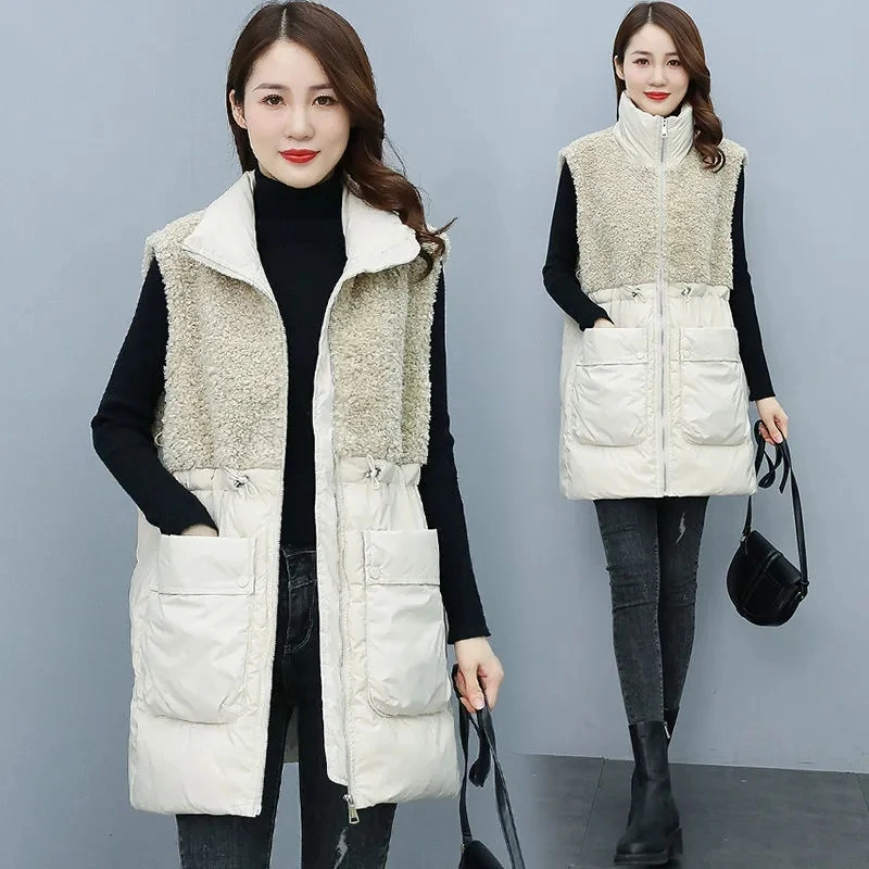 

Lamb Wool Stitching Down Cotton Vest Women's Long Parkas 2023 Autumn Winter New Fashion Warm Waistcoat Female Sleeveless Outwear