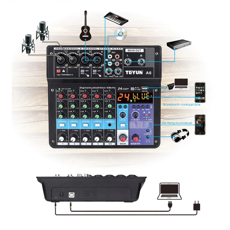 TEYUN 8 6 4 Channel Professional Portable Mixer Sound Mixing Console Computer Input 48v A4 A6 A8 A5 Power Number Live Broadcast