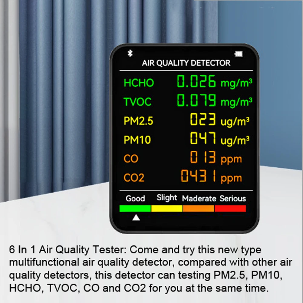 6 In 1 PM2.5 PM10 HCHO TVOC CO CO2 Multifunctional Air Quality Monitor Portable CO2 Detector Carbon Dioxide TVOC HCHO Detector