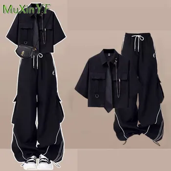 2026 Summer New Korean Elegant Tracksuit Matching Set Girls' Loose Short Sleeved Shirt Top+Casual Cargo Pants Two Piece Suit 1