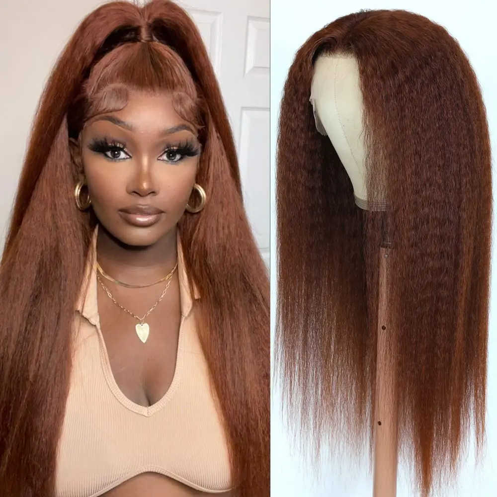 

Soft Yaki 180Density 26 inch Long Glueless Brown Kinky Straight Lace Front Wig For Women BabyHair Deep Preplucked Daily