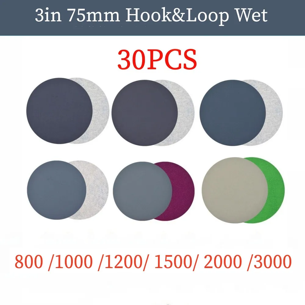 

30 Pcs Sanding Discs 3in/75mm Polish Hook Loop Wet/Dry Waterproof anti-static 800 1000 1200 1500 2000 3000 grit lacquer surface