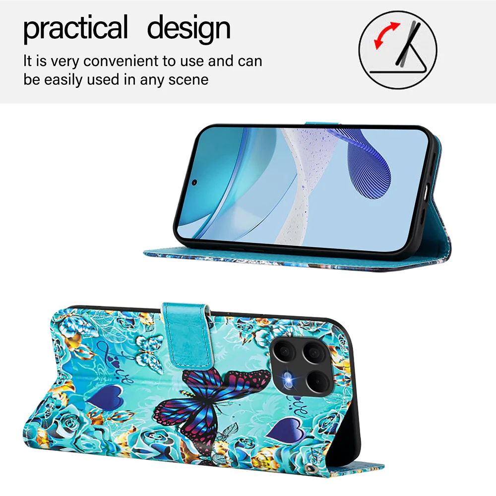 Chic Painted Leather Flip Phone Case with Wallet Holder and Stand Cover
