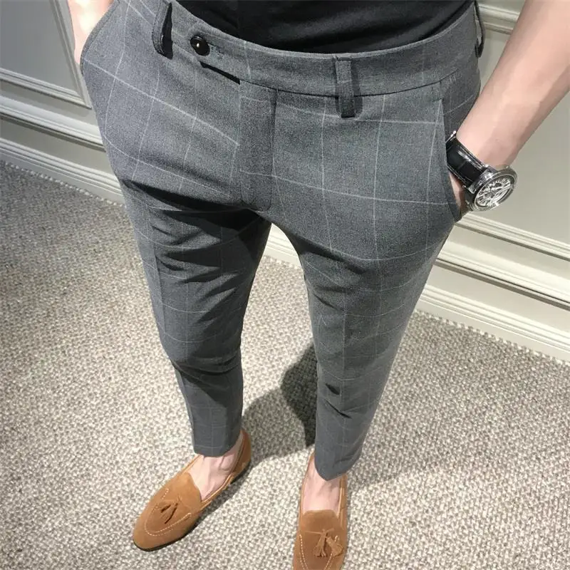 Men Clothing Fashion Plaid Business Casual Slim Formal Suit Pants Summer Vintage British Style Pocket Trousers Pantalones Hombre