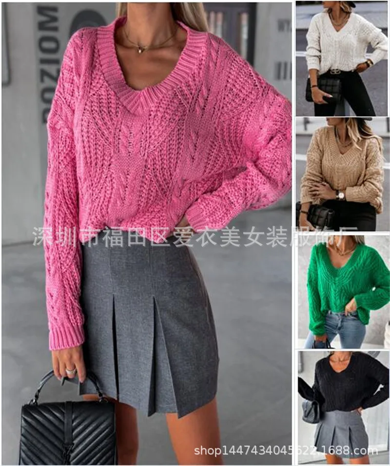 

Pullovers Women Solid Sweaters Knitted Tops V Neck Full Sleeve Regular Splice Loose Casual Jumpers Ladies 2024 Autumn Winter