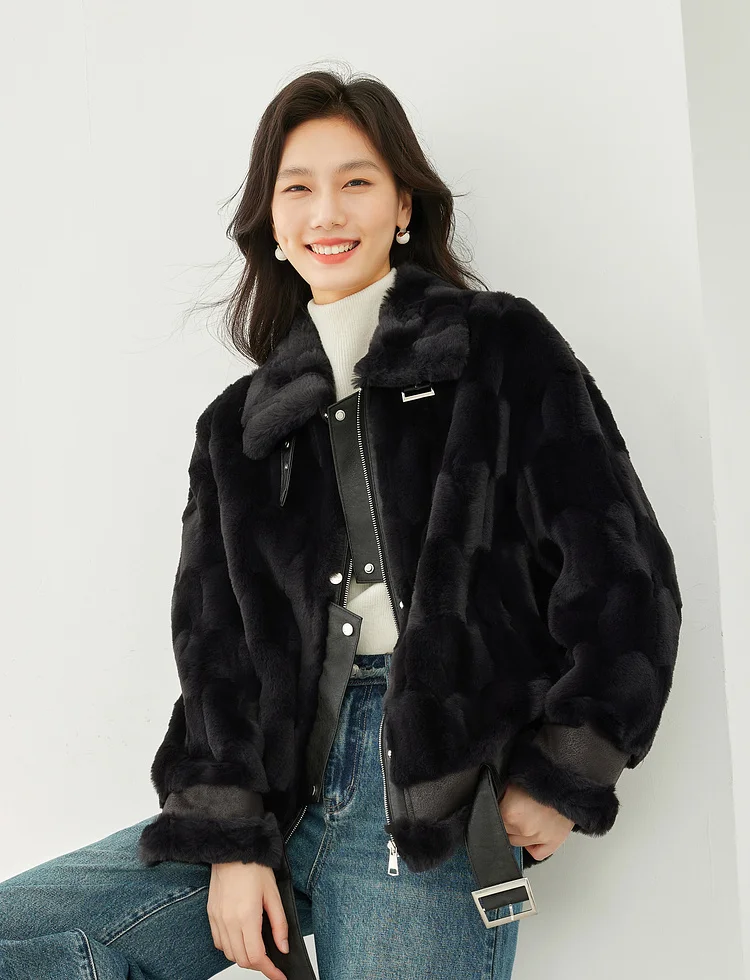 

Faux Fur Coat for Women 2024 Winter Fluffy Double Faced Fur Biker Jackets Lapel Zip-up Outerwear Female Clothing 50352
