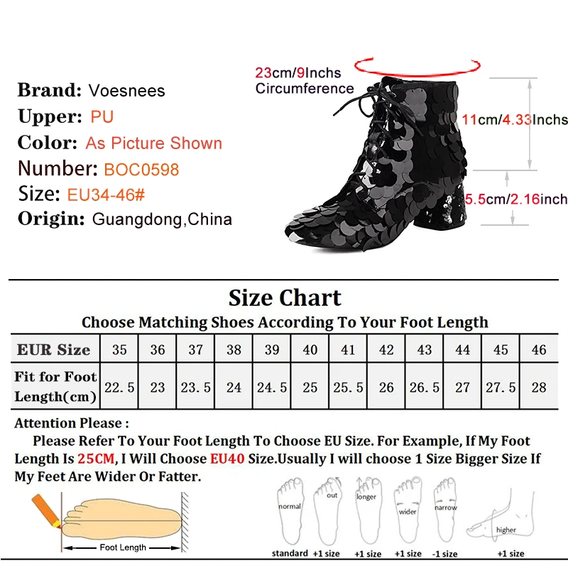 Women Short Boots Lace-up Low Heels Club Party Dance Shoes Trend Lady Shiny Block High Heels Sequined Chelsea Boots Size 34-46