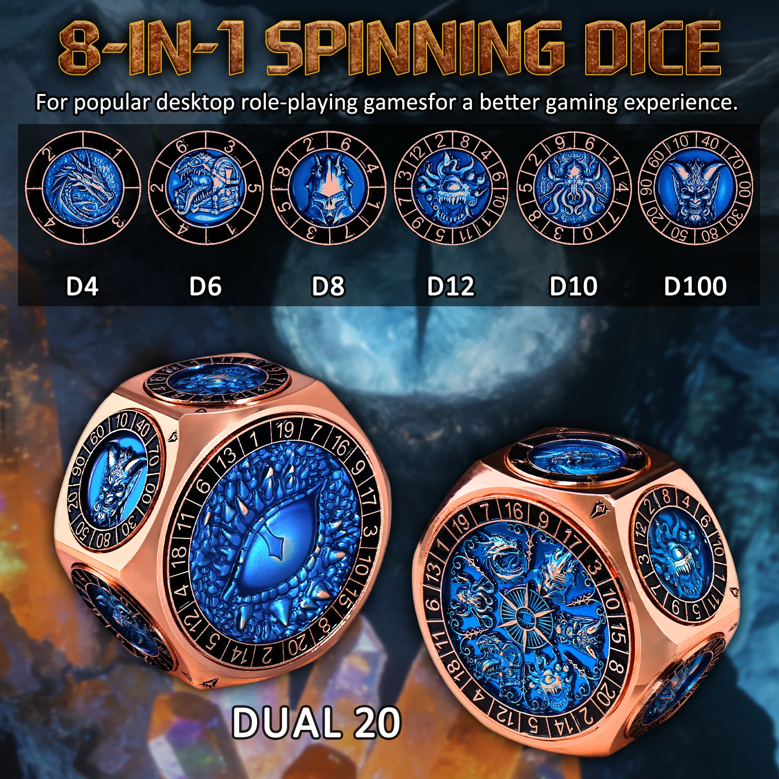 스피너 DND 주사위, 8-in-1 육각형 금속 DND 주사위, 듀얼 D20 몬스터 테마 주사위 세트 (DND 던전 앤 드래곤용)