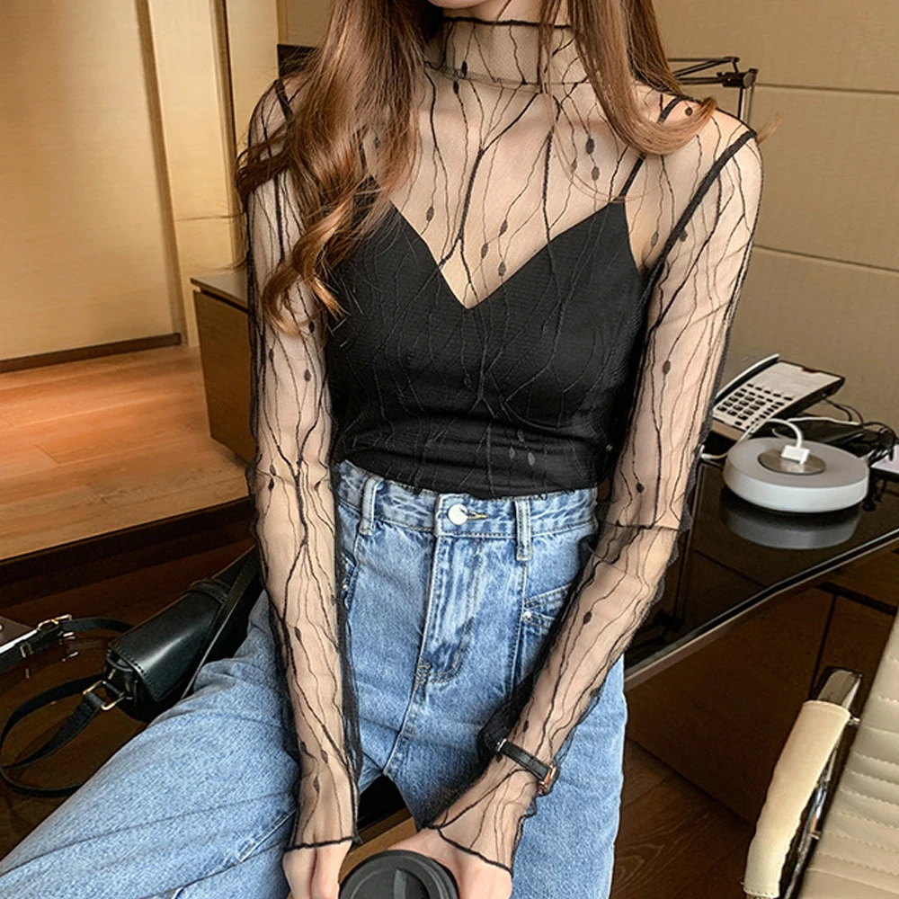 

Sexy Fishnet Sheer Transparent T Shirt Women Mesh Top Ladies Black White See Through Lace Shirt Mesh Female Bottoming Blouses