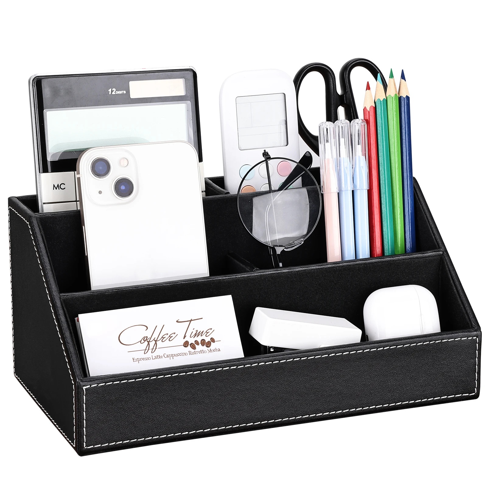 PU Leather 5 Compartments Remote Control Organizer Box Desk Stationery Storage Holder Pen Holder Container Office Supplies Box