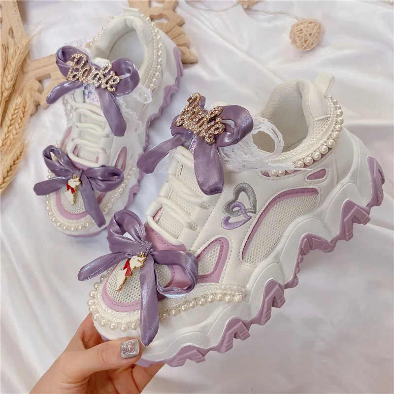 

Japanese Sweet Lolita Shoes Purple Bowknot Cute Platform Shoes Japanese Girl Lace Up Sneakers College Style Cosplay Cos Loli