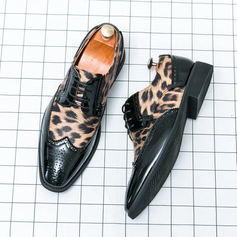 Men's lace-up leopard print leather shoes slip-on business casual loafers Hair Stylist Nightclub 46 47 48 Extra size