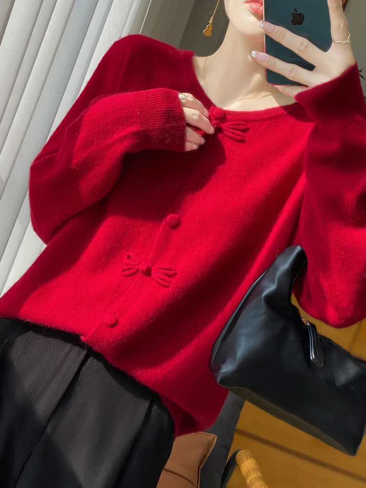 

New Fashion Spring Autumn Women Cardigan 100% Merino Wool O-neck Long Sleeve Sweater Pure Color Soft Knitwear Female Clothing