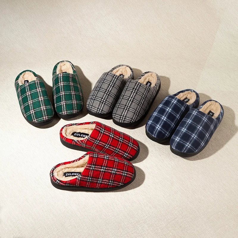 Men's Striped Warm House Fleece Cozy Non-slip Plaid Cotton soft slippers Couples Winter Indoor Bedroom Couples Shoes