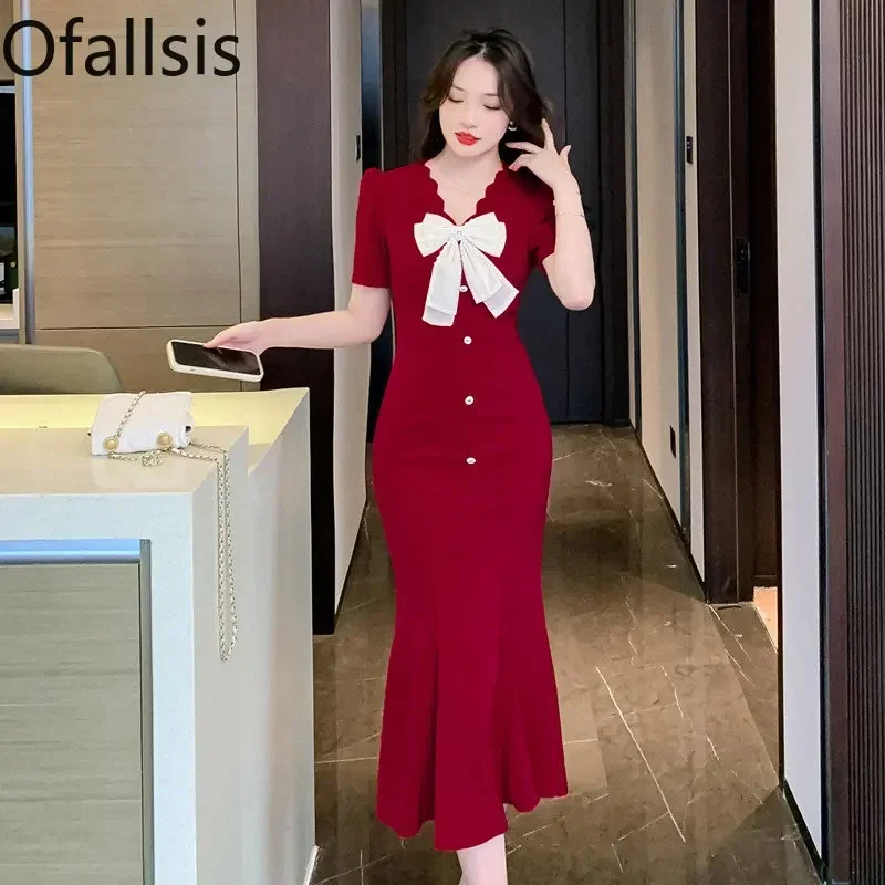 

Женское коктейльное платье с бантом Ofallsis, винно-красное платье с V-образным вырезом, облегающее атласное платье-Русалка во французском стиле для невесты, на лето, 2023