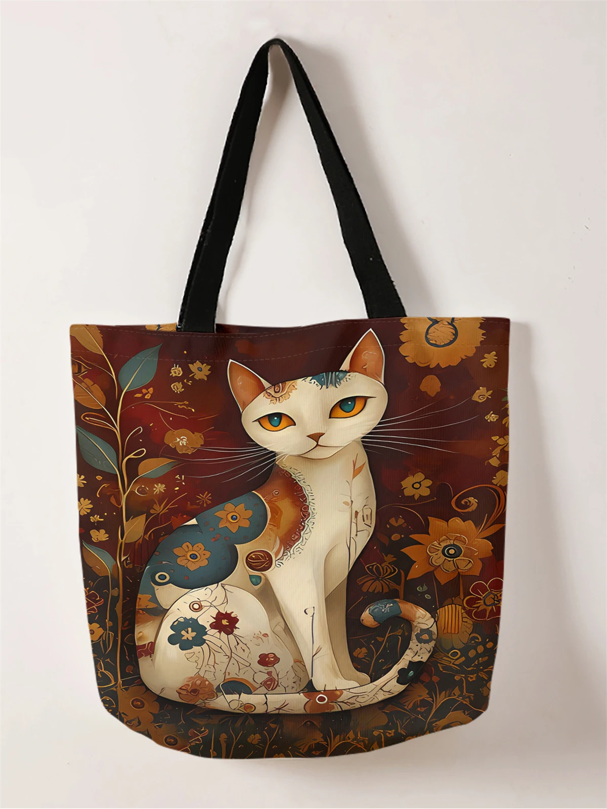 1pc,flower cat handbag, reusable fashionable handbag, multifunctional handbag, printed canvas shopping bag