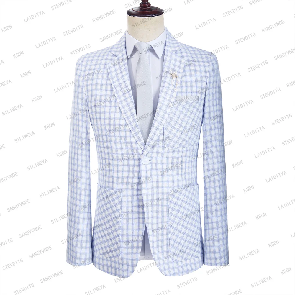 New Summer Fashion Men Suit Coat Costume Formal Business White Check Notehed Linen Plaid Blazers Jacket - AliExpress