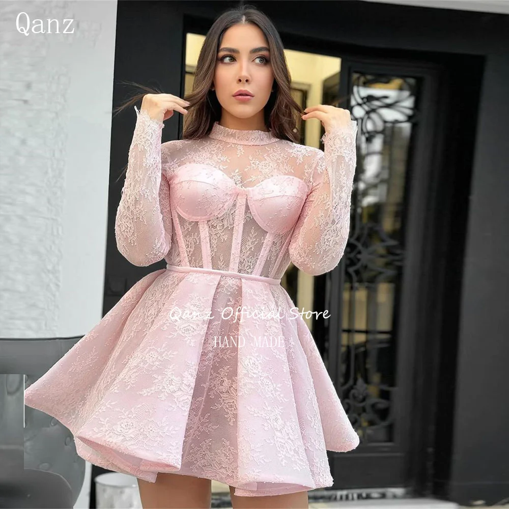 

Qanz Pink Lace Luxury Prom Dress 2024 O Neck Long Sleeves Party Gown See Through Illusion Open Back Short Evening Dresses Women