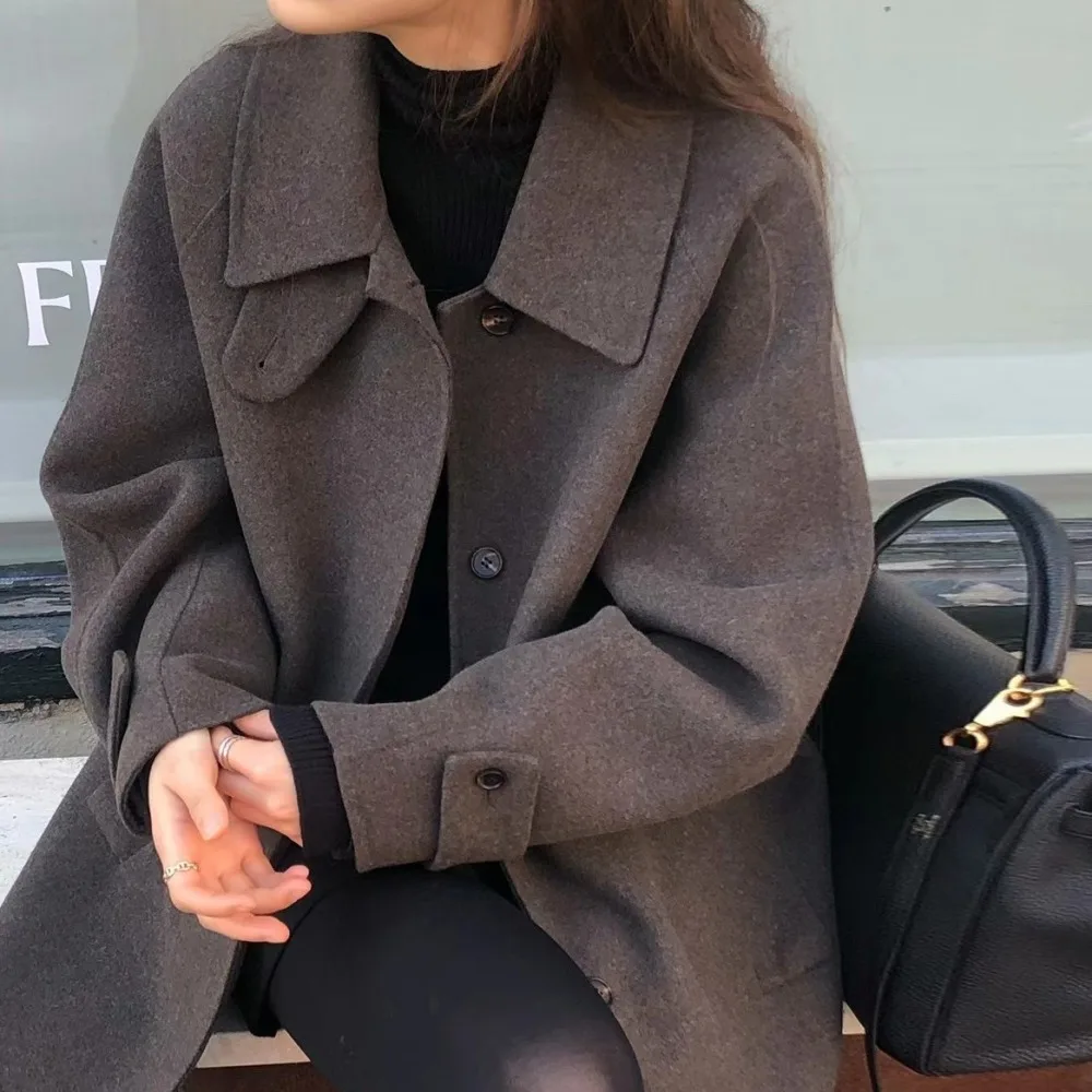 Women\'s Fall Winter Vintage Wool Blended Trench Coat Jacket Lapel Collar Single Breasted Woolen Overcoat Outerwears 2023