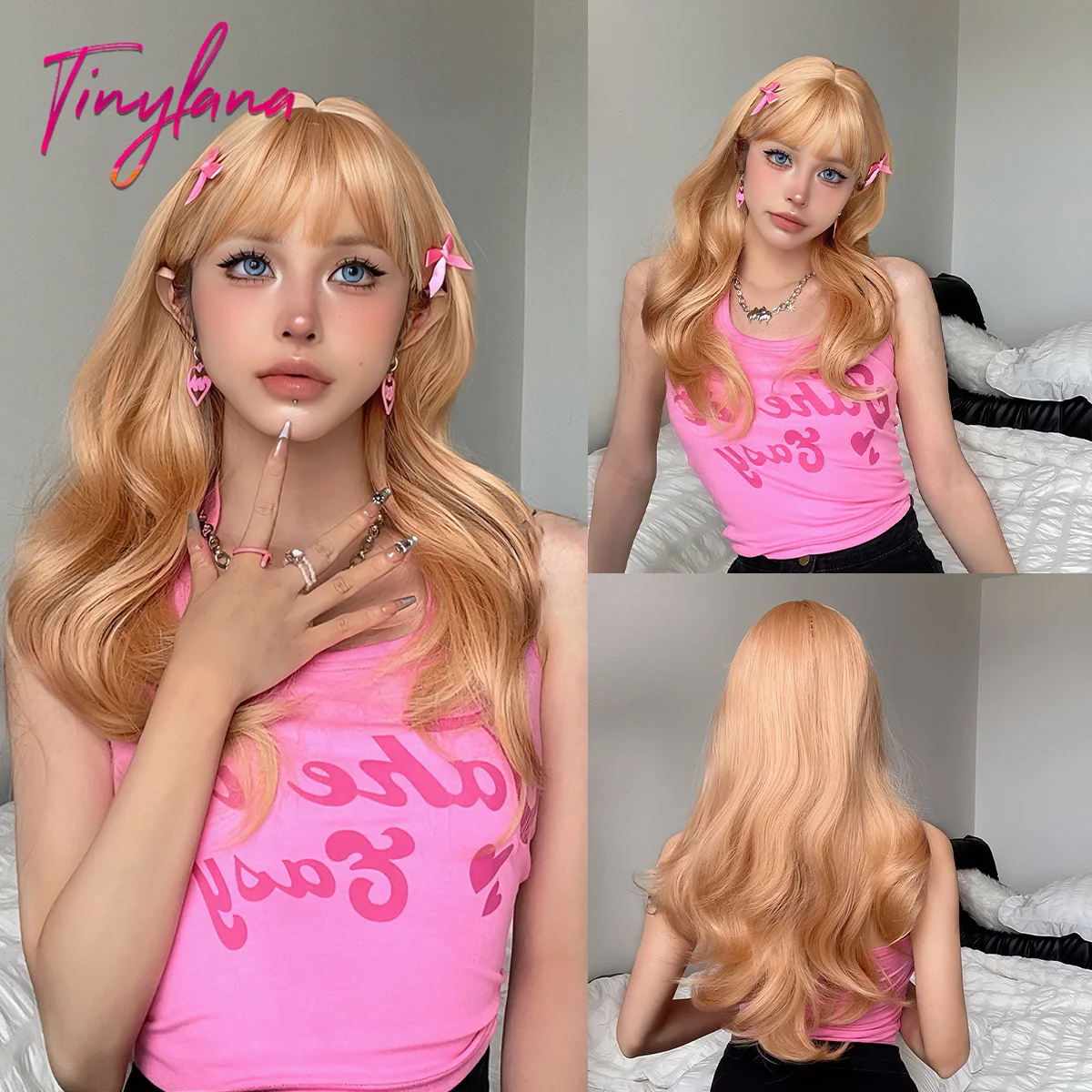 

Long Blonde Golden Synthetic Wigs with Bangs Body Wavy Natural Wig for Women Afro Lolita Cosplay Party Hair Daily Heat Resistant