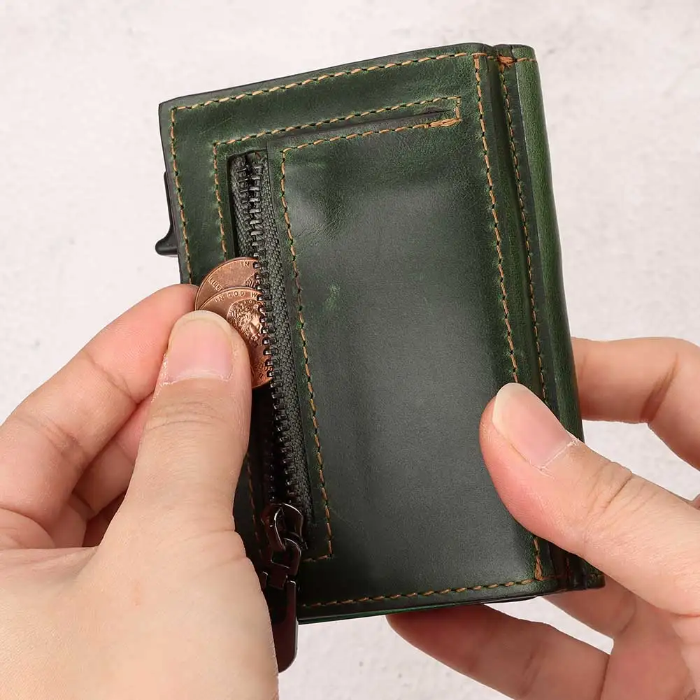 New RFID Blocking Card Holder Cowhide Leather Men Wallet Aluminum Antimagnetic Card Purse for Women with Anti-lost AirTag