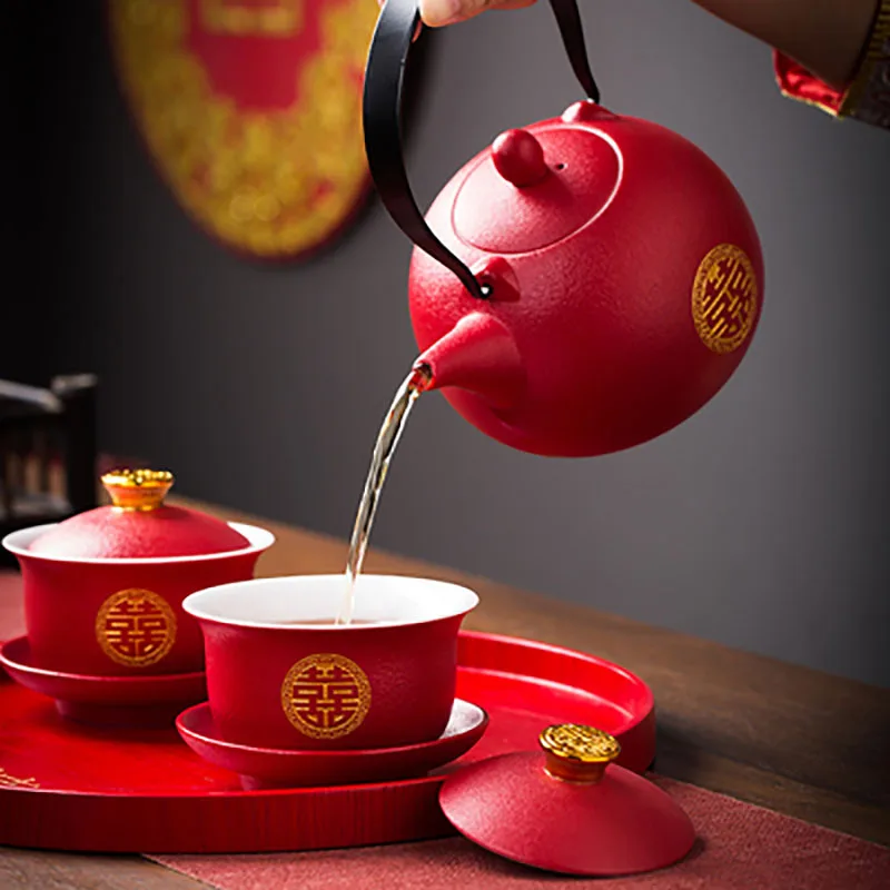 Chinese Style Double Happiness Porcelain Tea Set, Teapot and Cups, Gaiwan with Saucer, Ceremony Set Gifts, Wedding Celebration