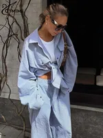 Oymimi Casual Dark Blue Print Women's Two Pieces Set Elegant Long Sleeve Button Shirt And Low Waist Straight Trousers Female Set - Image 2