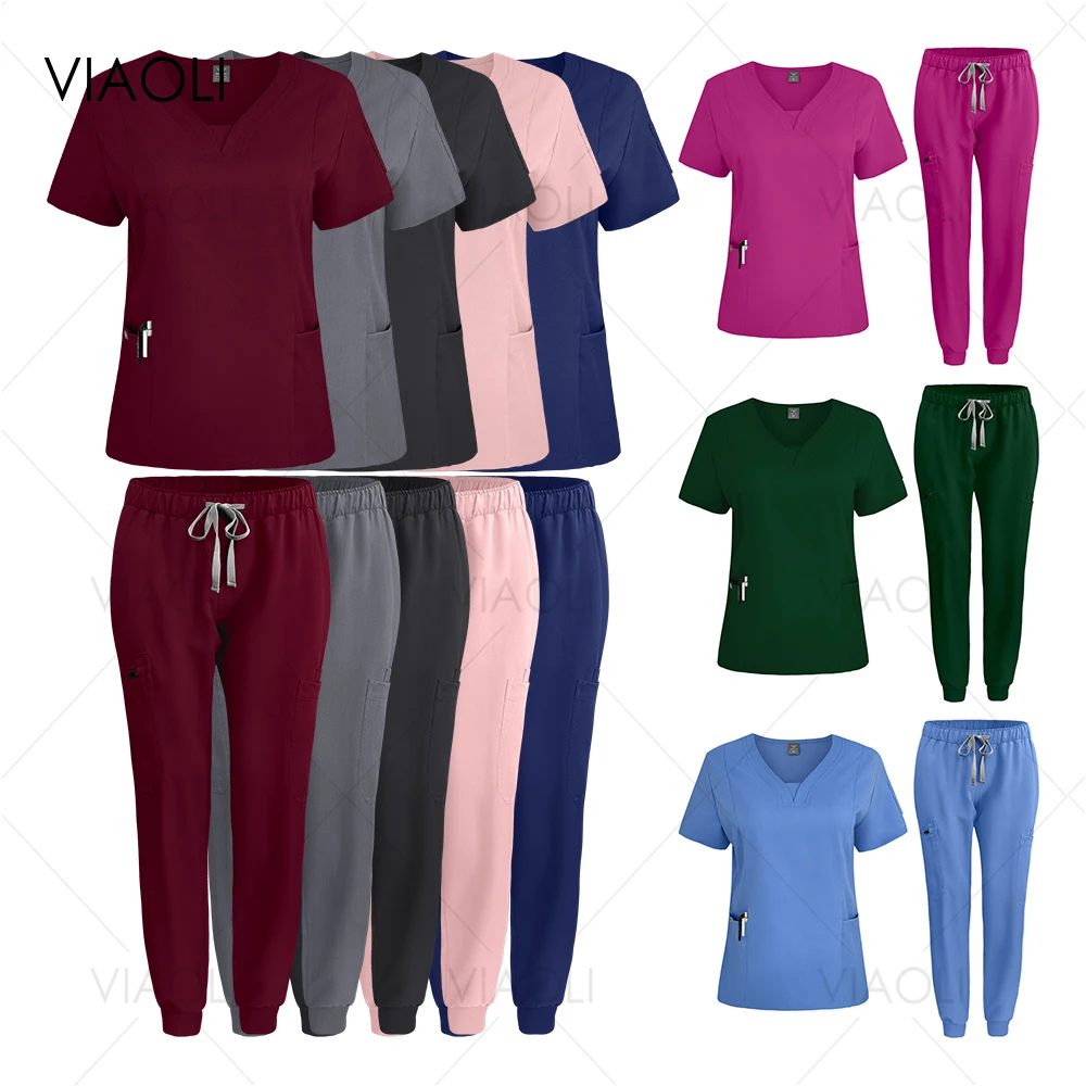 

Scrubs Women Nurse Uniform Breathable Elastic Medical Clothes Solid Color Short Sleeved Top+pants Suit High End Nursing Uniforms