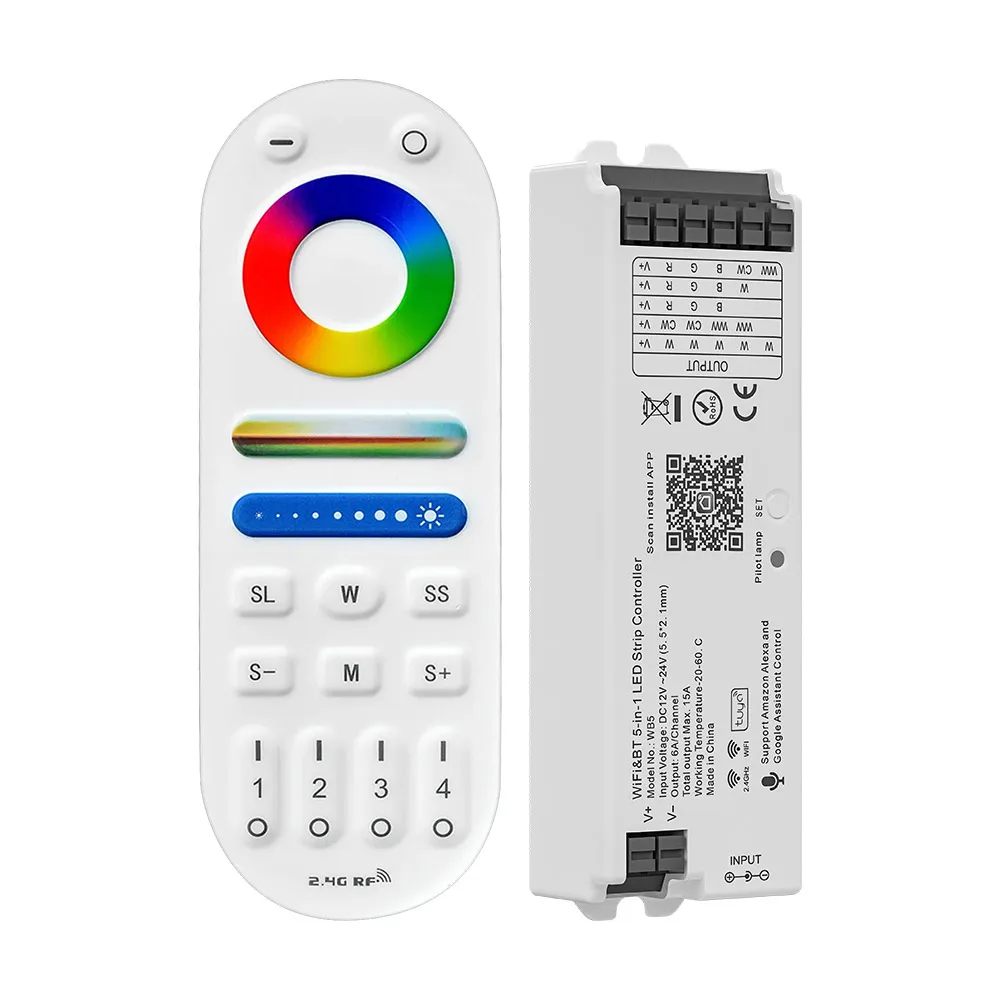 WB5 WiFi 5 IN 1 LED Controller Tuya APP Alexa Google Home Voice Control RGB RGBW CCT Led Strip Dimmer Bluetooth APP RF Remote