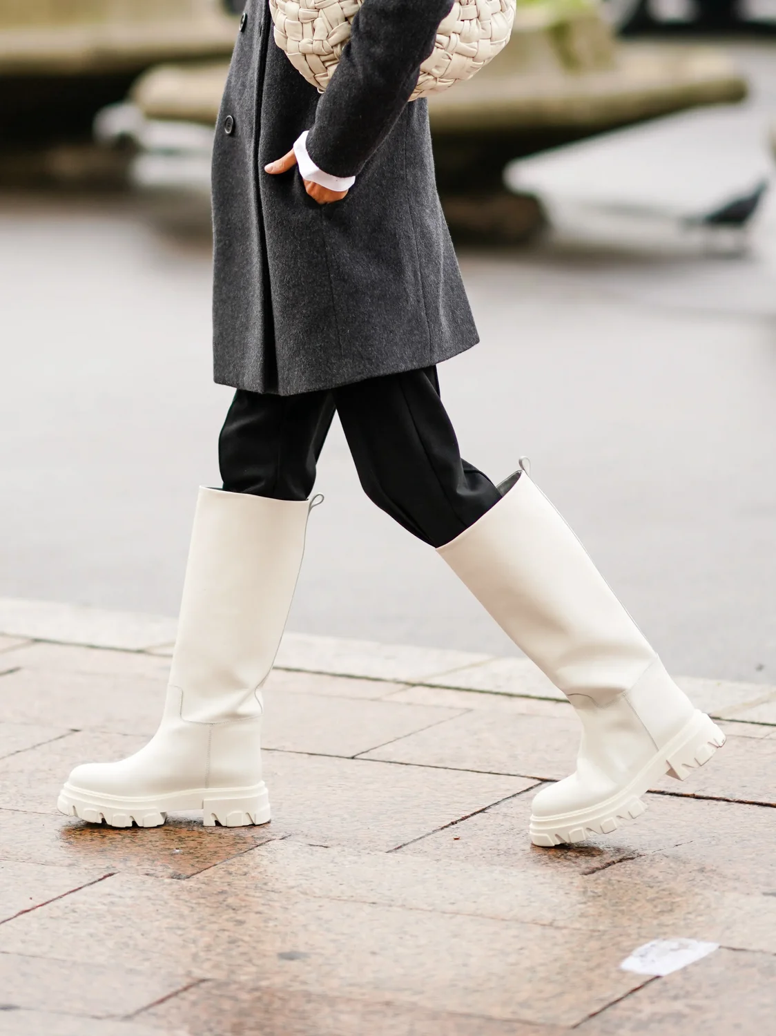 QUTAA 2023 Ins Women Knee High Boots Med Heel Genuine