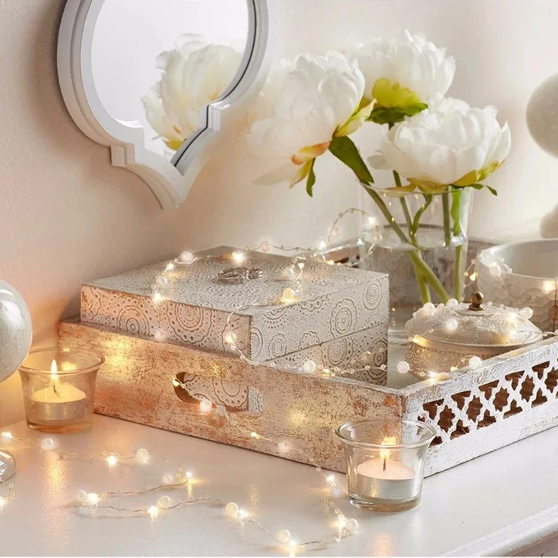 

White Pearl LED Copper Wire String Lights Battery Powered Holiday Lighting Decor for Home Fairy Bedroom Room Wedding Decoration