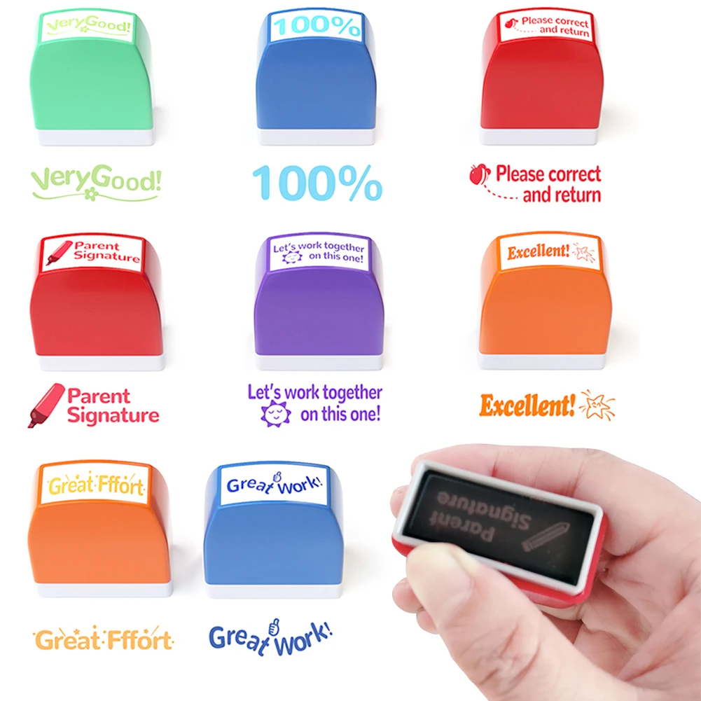 8Pcs Colorful Business Stamps with Tray Self-inking Grading Stamps Encouraging Comments School Supplies for Parent Signature