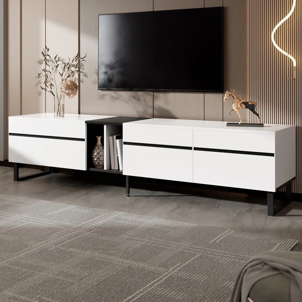 PINGGO 180 cm Modernes Weißes TV-Lowboard mit Klappfach, Offenen Regalen & Doppeltüren, Minimalistisches Design TV-Schrank – Detail 1