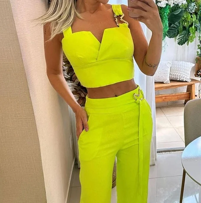 Women's Pants Set Sexy Sleeveless Tight Fitting Suspender High Waist Wide Leg Pants Casual Solid Color Slimming Set Summer 2023