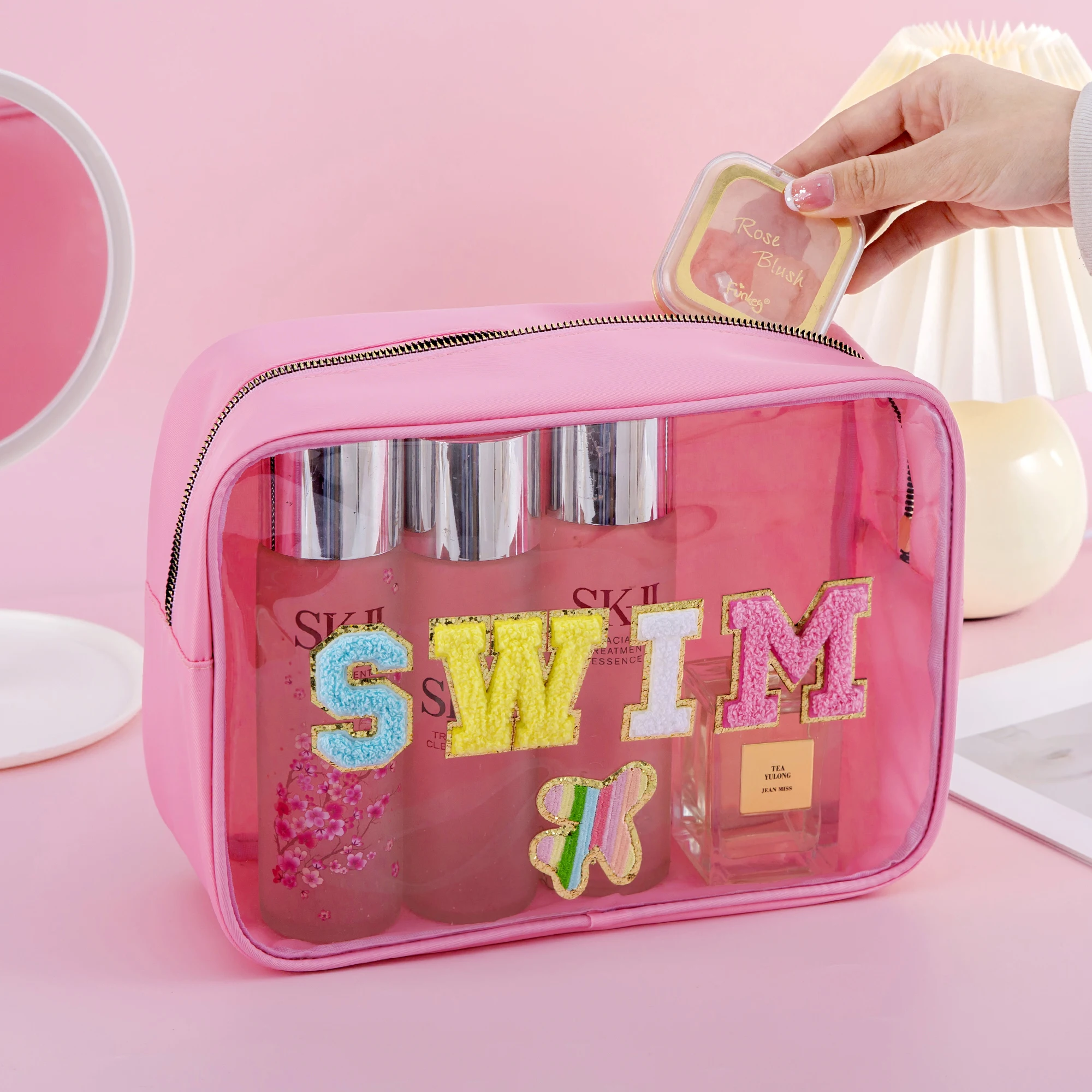 Cute Girls Women Large Capacity Waterproof Preppy Chenille Letter Clear PVC SWIM BEACH STUFF Makeup Bag Cosmetic Zipper Pouch 5
