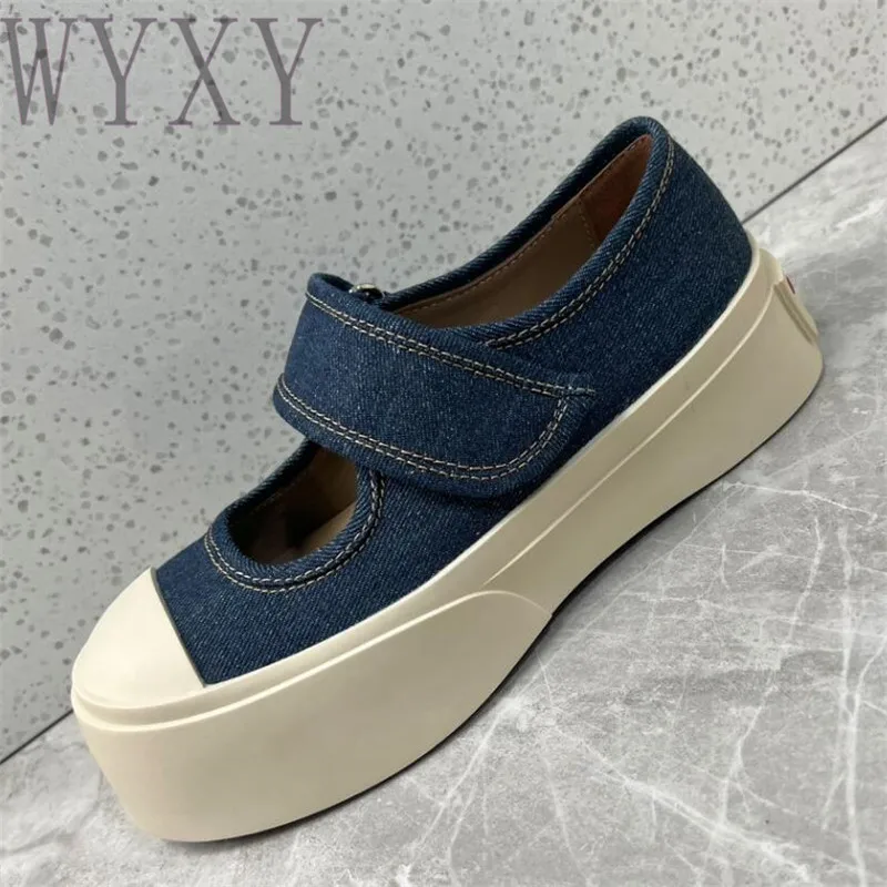 

Spring New Round Toe Big Toe Denim Flats Mary Janes Shoes Woman Thick Sole Height Increasing Casual Single Shoes For Women 2023