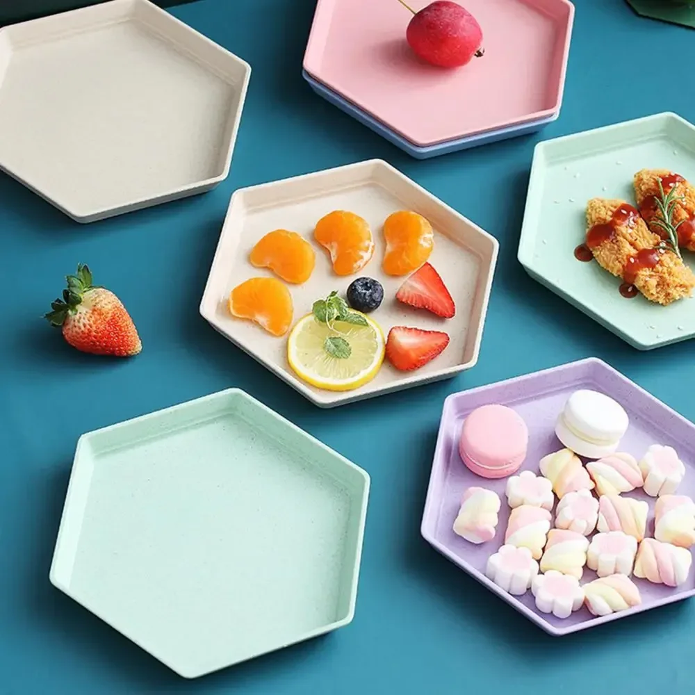 Fruit Plate Hexagon Party Dessert Snacks Foods Wheat Straw Thicken Tray Fruit Plate Supplies Six-point Dish for Household Dishes