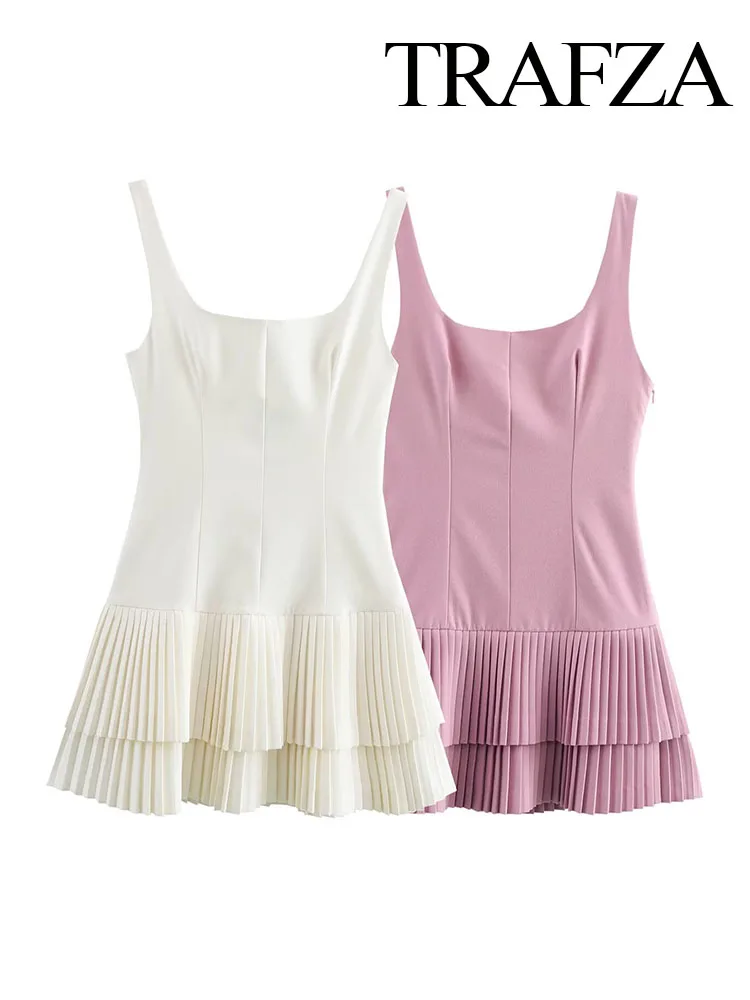 TRAFZA Women Summer Square Collar Sleeveless Solid Mini Dress Woman Elegant Chic High Street Slim Short Dress Pleated Dress 5