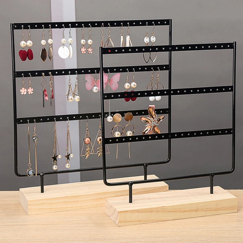 Metal Steel Earrings Necklace Display Stand with Wood Base 3 Layers Bracelets Holder Stud Personal Home Jewelry Storage