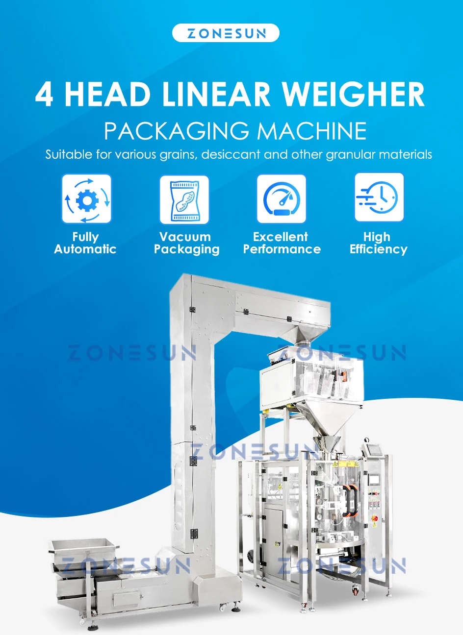 ZONESUN ZS-PL420S 4 cabeças de alimentação de grânulos, pesagem, enchimento, selagem a vácuo, máquina 