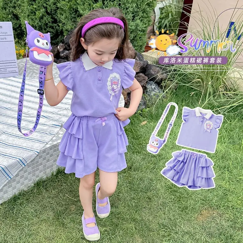 

Kuromi Short Sleeve Kawaii Sanrio Anime Ins Casual T Shirt Pants Set Summer Cute Cartoon Sweet Children Clothing Gifts for Kids