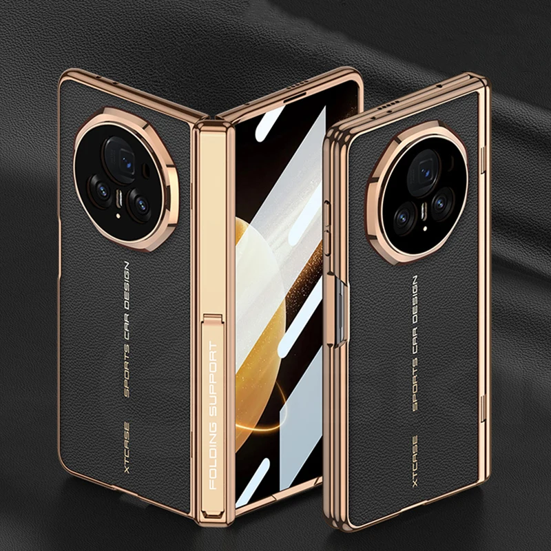 Luxury Plating Leather Screen Glass Case For Honor Magic V3 Magnetic Hinge Brack