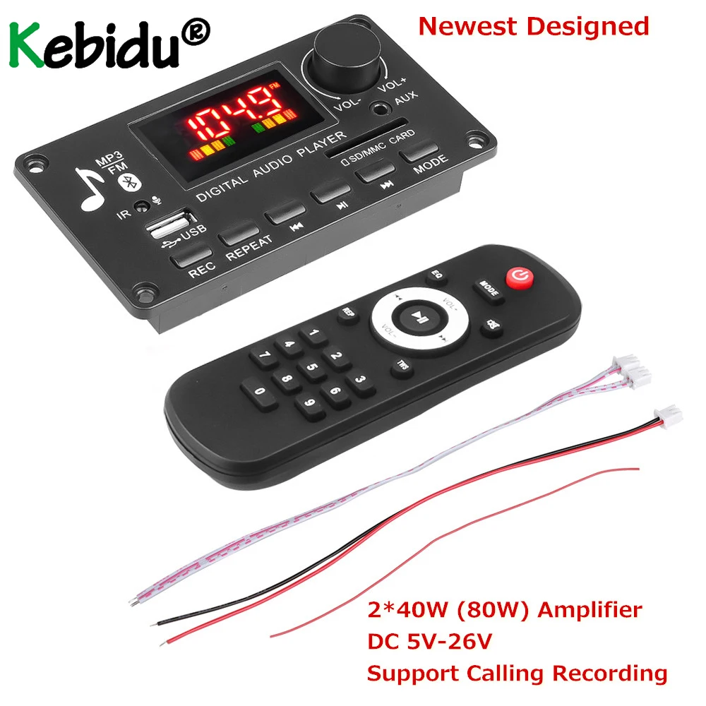 New 80W Amplifier MP3 Player Decoder Board DC 5V-26V Bluetooth5.0 Car FM Radio Module Call Recording Support TF USB AUX 3.5 WAV |