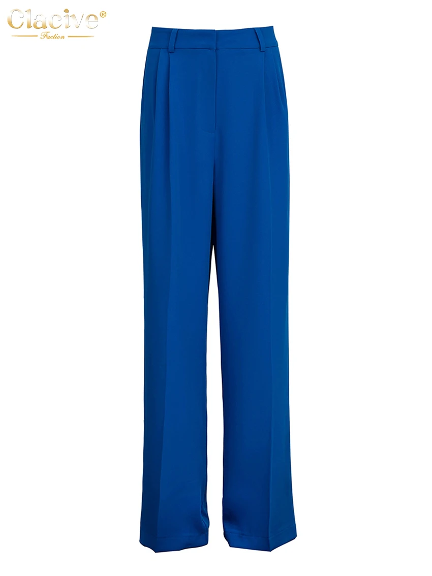 Clacive Blue Office Women'S Pants 2021 Fashion Loose Full Length Ladies Trousers Casual High Waist Wide Pants For Women 6
