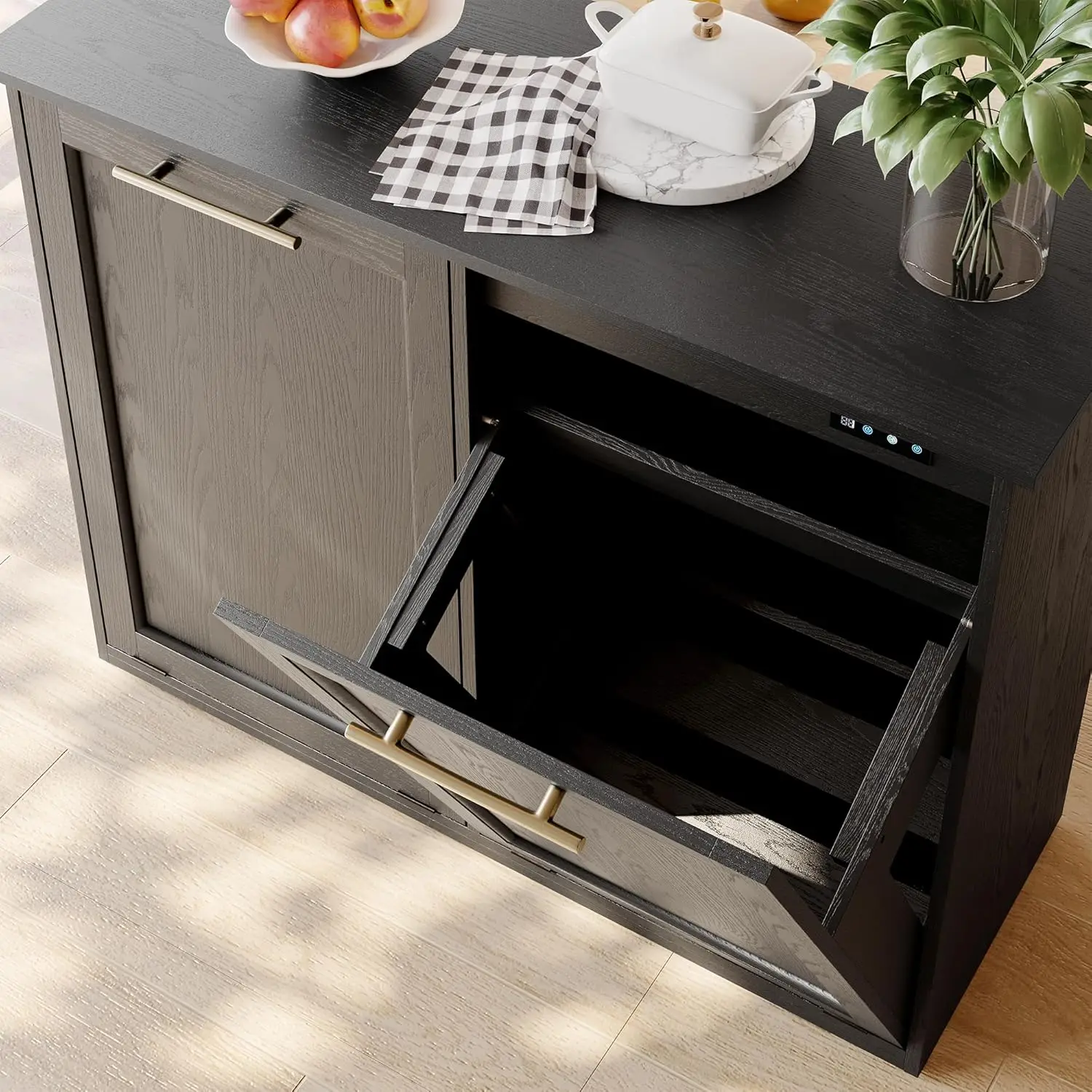 Trash Cabinet with Quick Installation and Deodorising Function, Wooden Trash Can Cabinet for Dining Room and Kitchen, Black 6