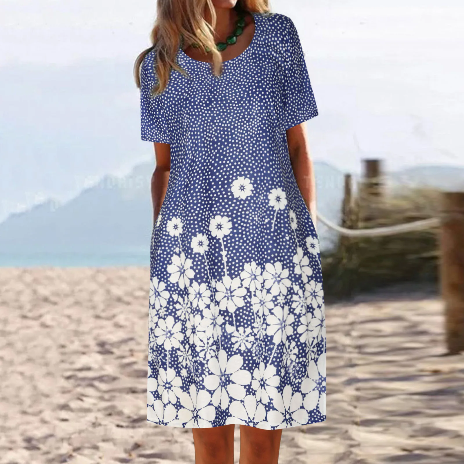 

Women Dress Casual Flowy Pleated Loose Dresses With Pocket Pretty Sexy Evening Vestido Short Sleeve Floral Graphic Casual Loose