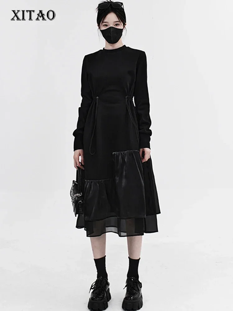 

XITAO O-neck Patchwork Mesh Dress Irregular Drawstring Slimming Solid Color Simplicity 2023 Winter Women New Dress DMJ3337